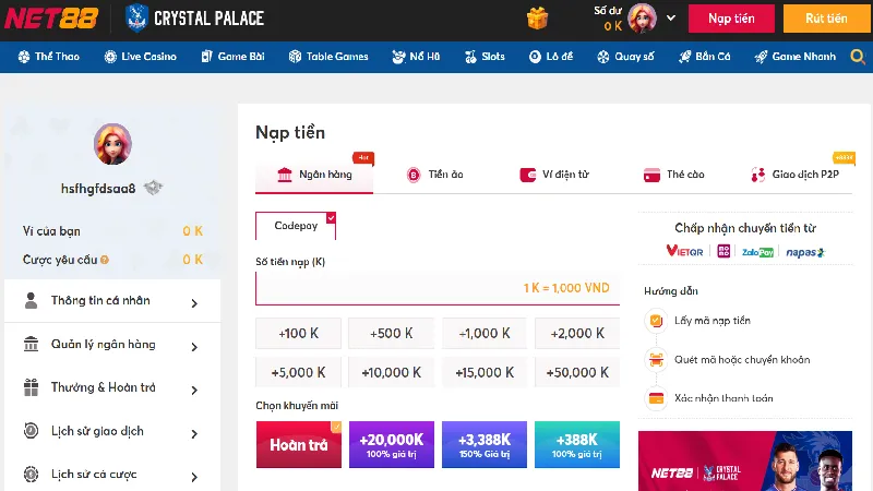Net88 và 188bet có dịch vụ nạp tiền chất lượng